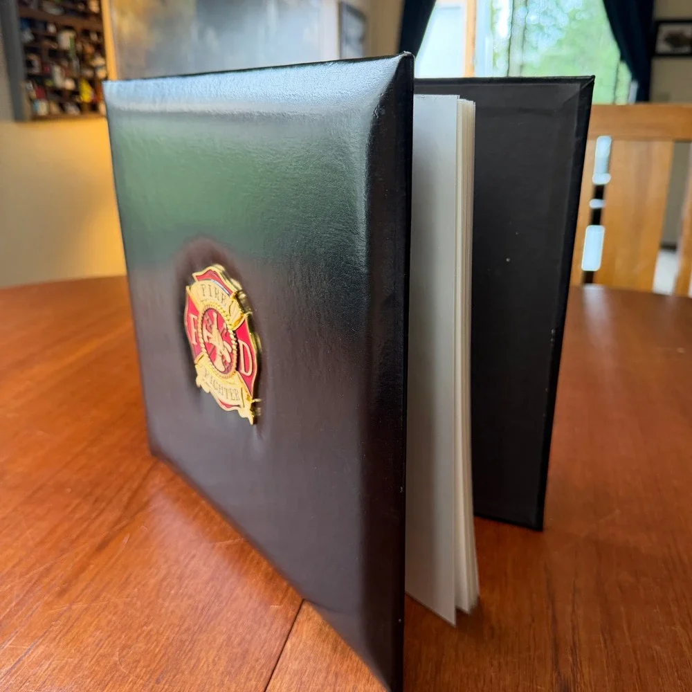 Fire Fighter Black Faux Leather Photo Album Scrapbook Maltese Cross Emblem FD